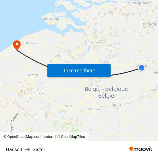 Hasselt to Gistel map
