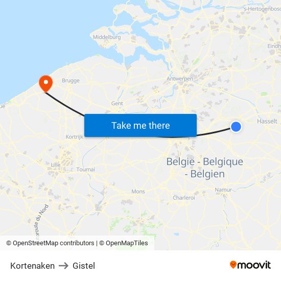 Kortenaken to Gistel map