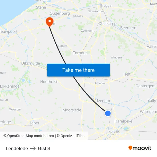 Lendelede to Gistel map