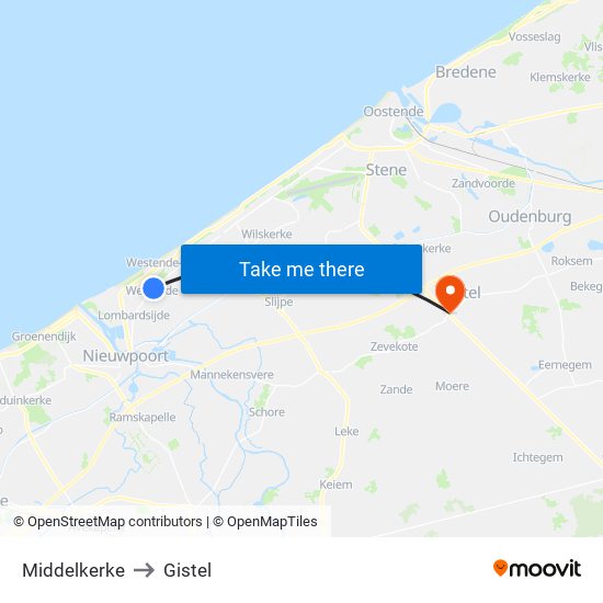 Middelkerke to Gistel map