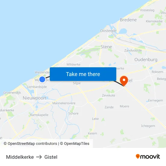 Middelkerke to Gistel map