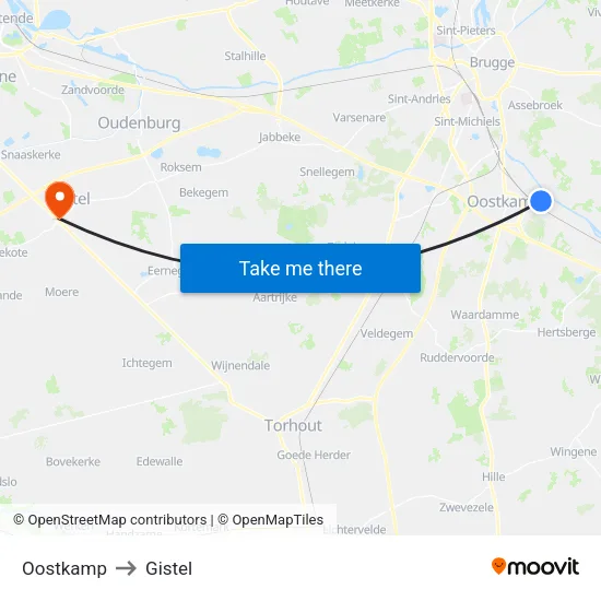 Oostkamp to Gistel map