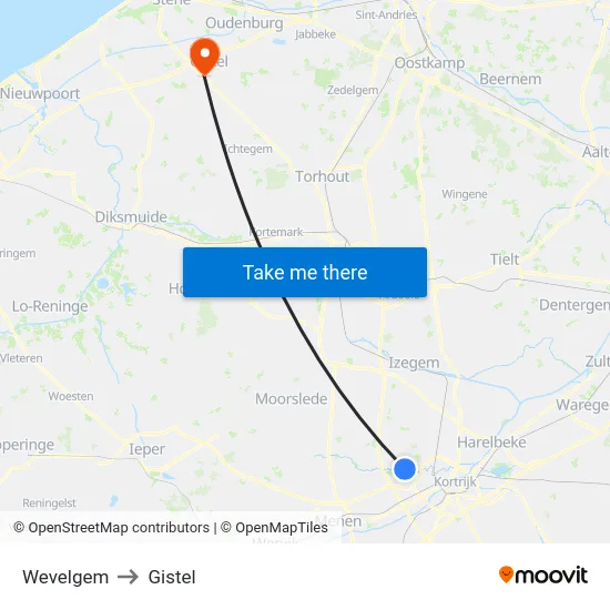 Wevelgem to Gistel map