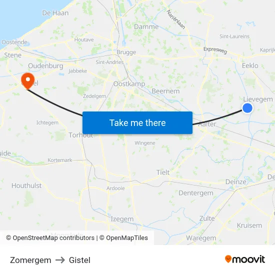 Zomergem to Gistel map