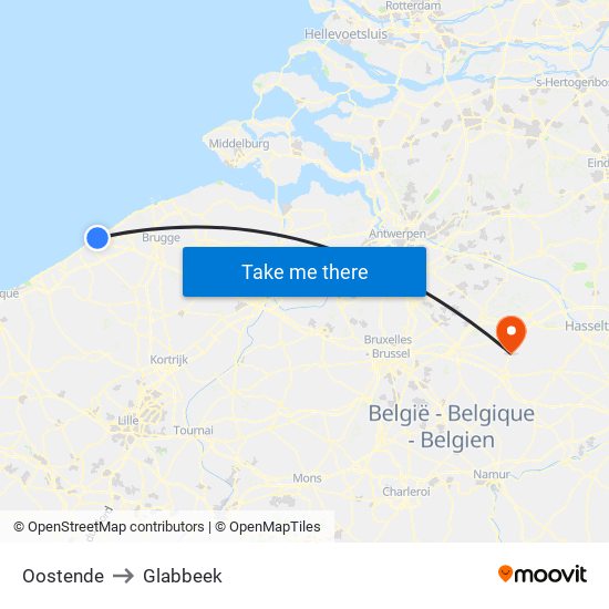 Oostende to Glabbeek map