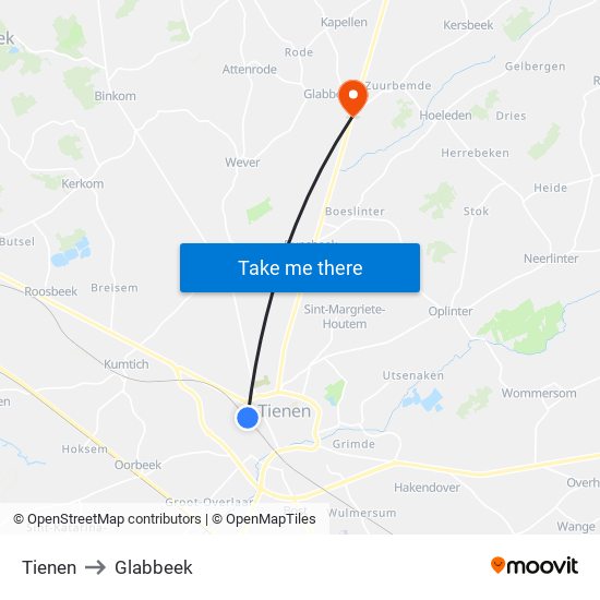 Tienen to Glabbeek map