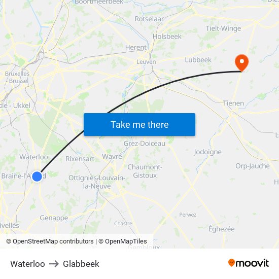 Waterloo to Glabbeek map