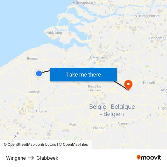 Wingene to Glabbeek map