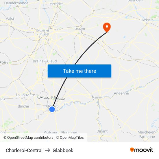 Charleroi-Central to Glabbeek map