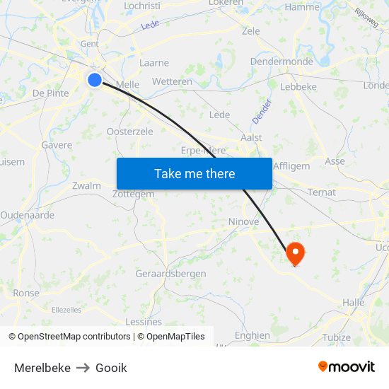 Merelbeke to Gooik map