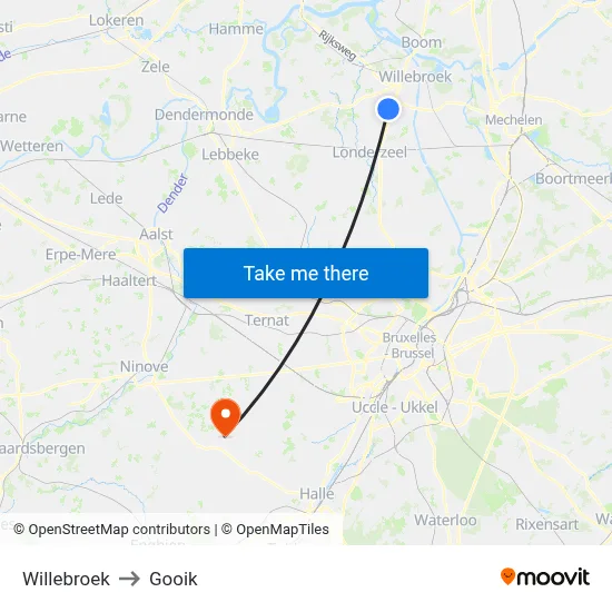 Willebroek to Gooik map