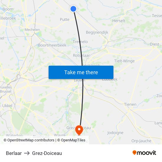 Berlaar to Grez-Doiceau map