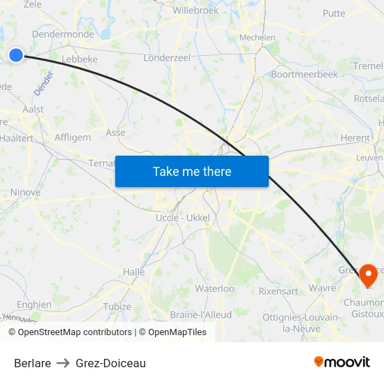 Berlare to Grez-Doiceau map