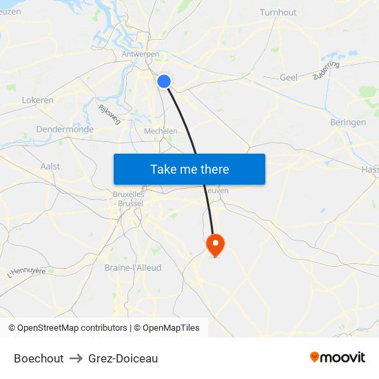 Boechout to Grez-Doiceau map