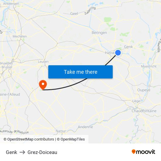 Genk to Grez-Doiceau map