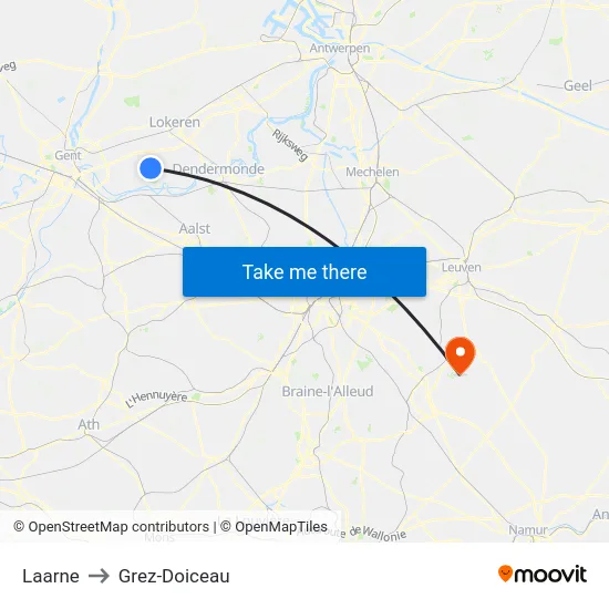 Laarne to Grez-Doiceau map