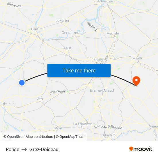 Ronse to Grez-Doiceau map