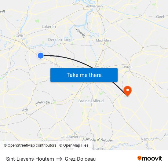 Sint-Lievens-Houtem to Grez-Doiceau map