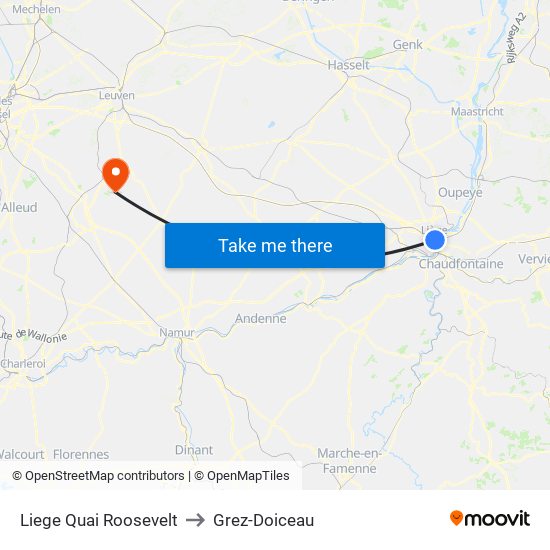 Liege Quai Roosevelt to Grez-Doiceau map