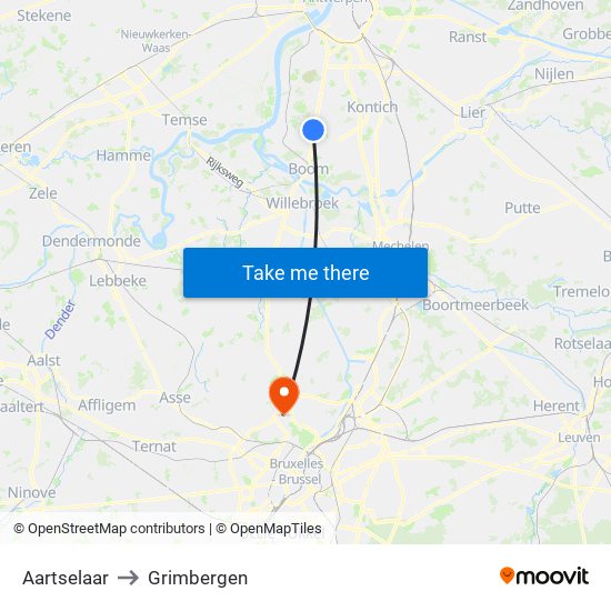 Aartselaar to Grimbergen map