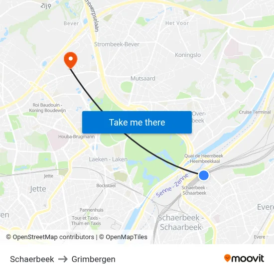 Schaerbeek to Grimbergen map