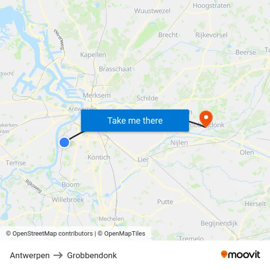 Antwerpen to Grobbendonk map