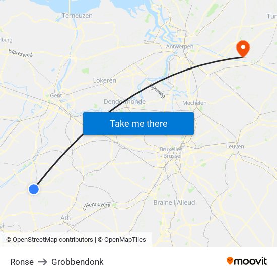 Ronse to Grobbendonk map