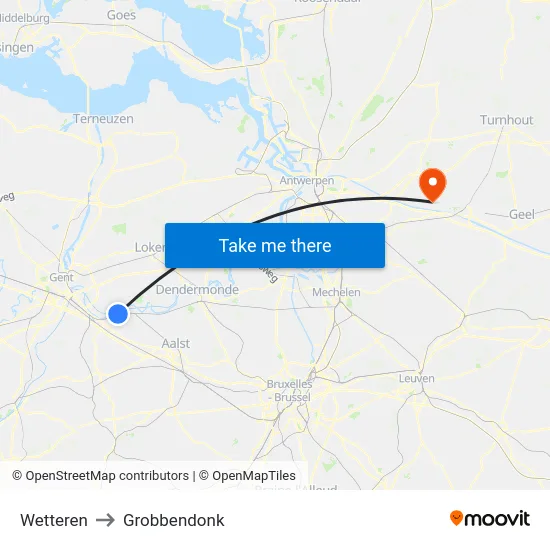 Wetteren to Grobbendonk map