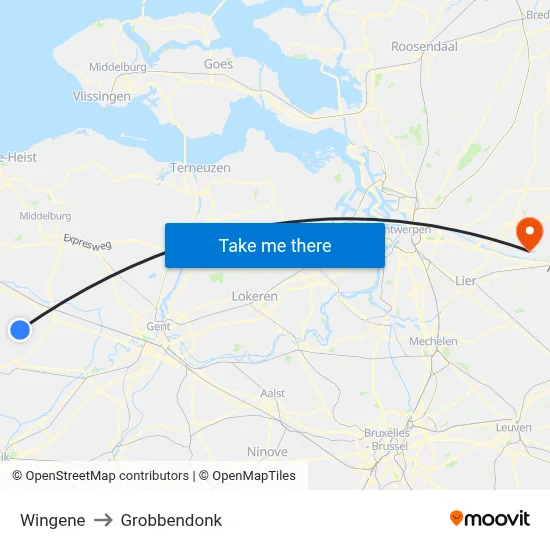 Wingene to Grobbendonk map