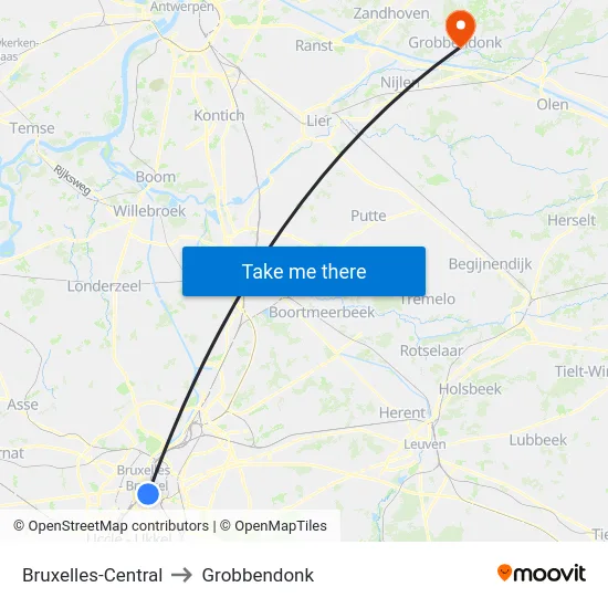 Bruxelles-Central to Grobbendonk map