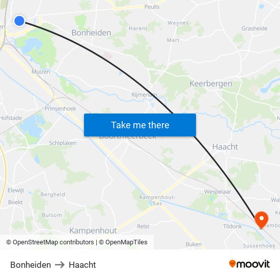 Bonheiden to Haacht map