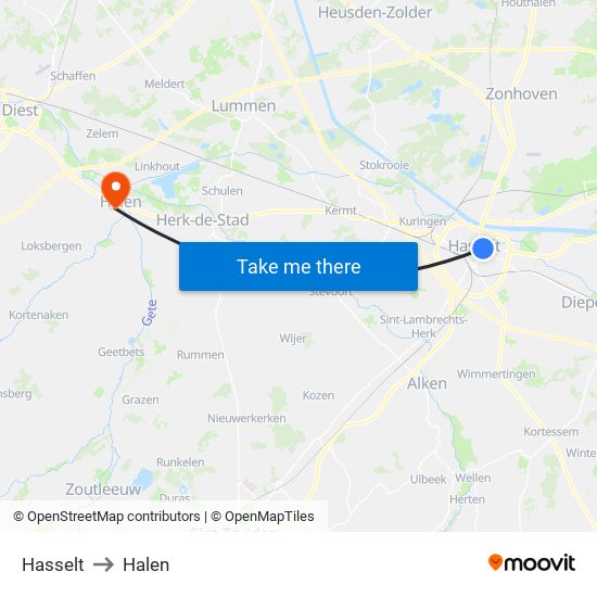 Hasselt to Halen map