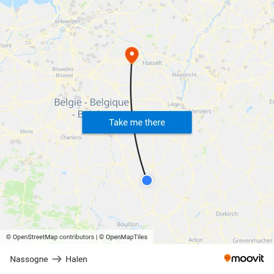 Nassogne to Halen map