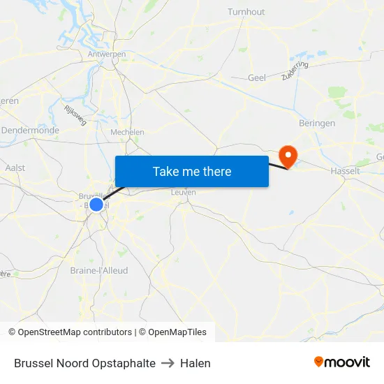 Brussel Noord Opstaphalte to Halen map