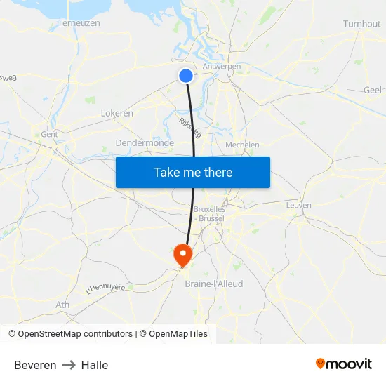 Beveren to Halle map