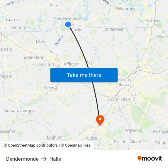 Dendermonde to Halle map