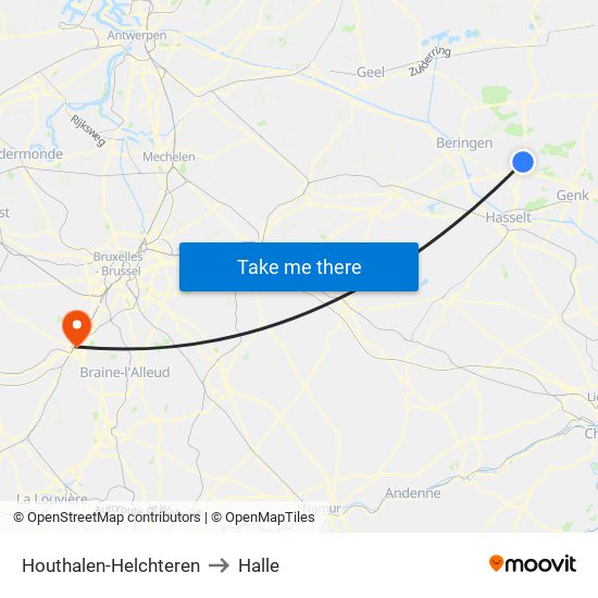 Houthalen-Helchteren to Halle map