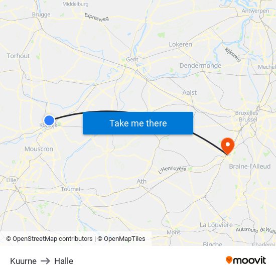 Kuurne to Halle map