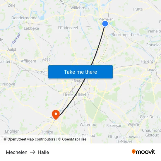 Mechelen to Halle map