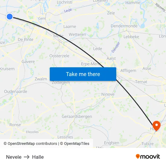 Nevele to Halle map