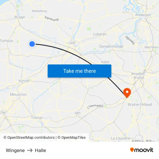 Wingene to Halle map