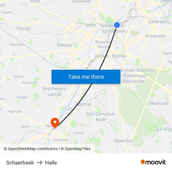 Schaerbeek to Halle map