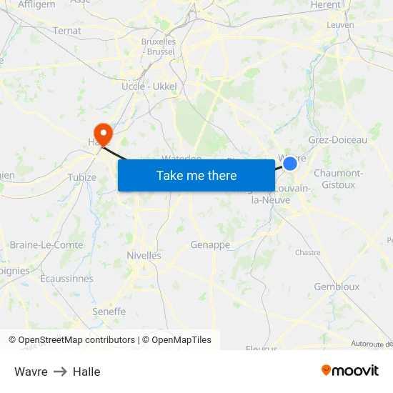 Wavre to Halle map