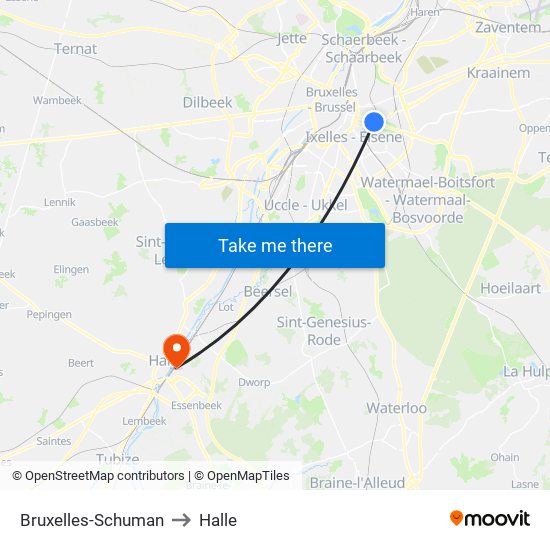 Bruxelles-Schuman to Halle map