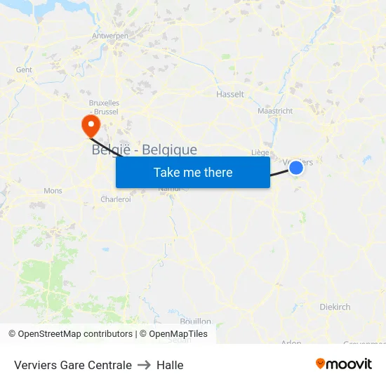 Verviers Gare Centrale to Halle map
