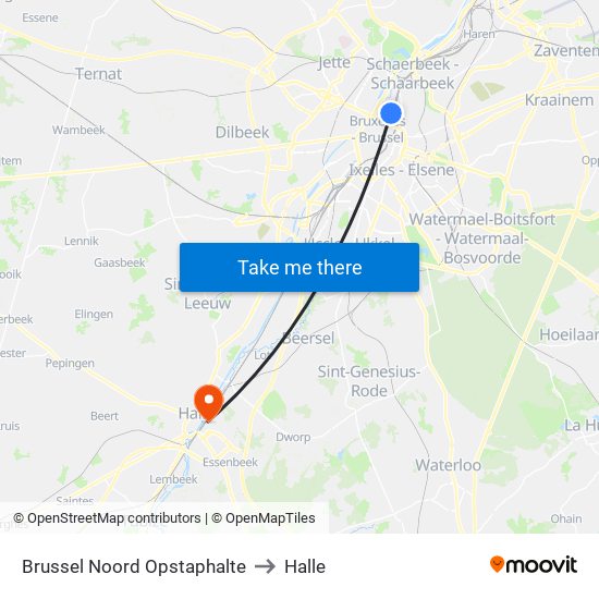 Brussel Noord Opstaphalte to Halle map