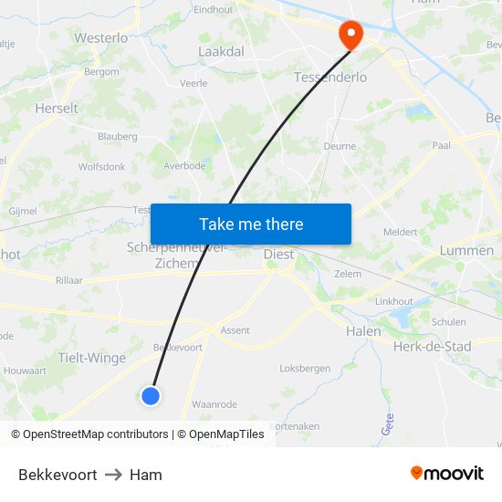 Bekkevoort to Ham map