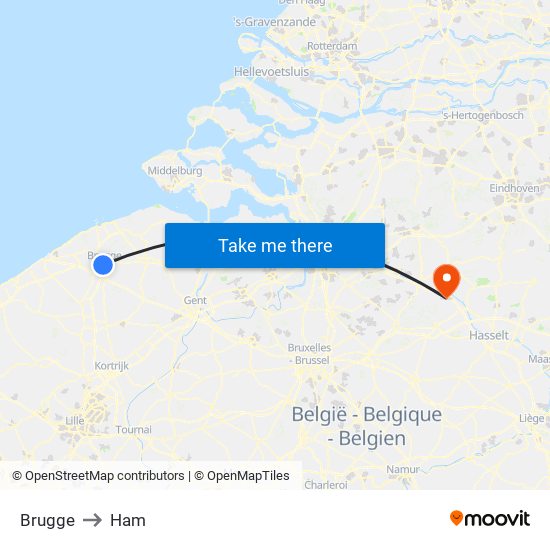 Brugge to Ham map