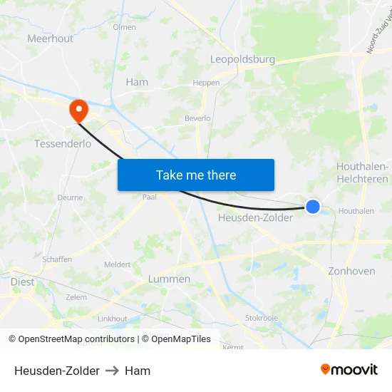 Heusden-Zolder to Ham map