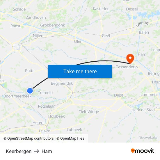 Keerbergen to Ham map